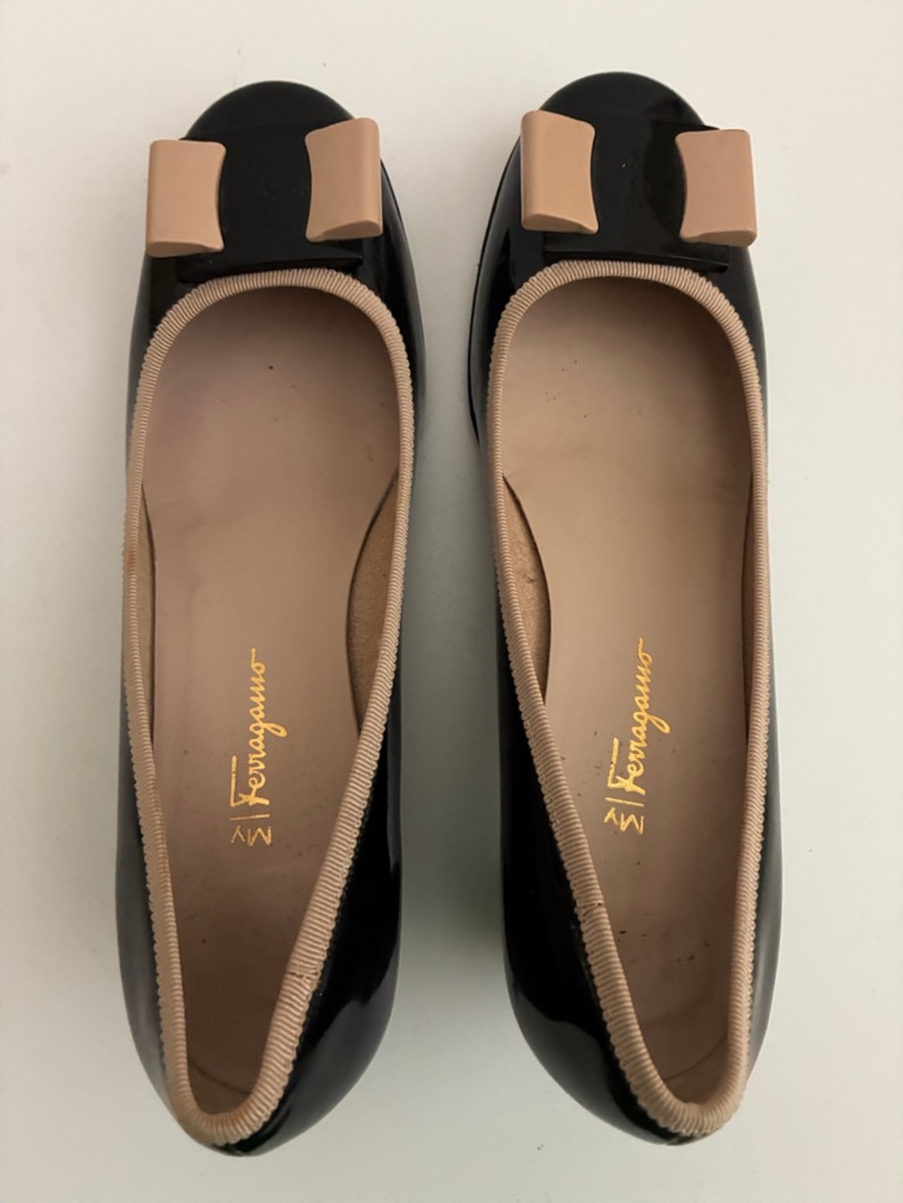 Salvatore Ferragamo Black Patent Ballet Block Heel Shoes